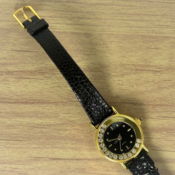 Ladies Avon Stunning Gold Tone Black Leather Band Analog Quartz Watch - Picture 2 of 6